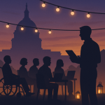 “Silhouettes of a presenter holding a tablet and a diverse seated audience, including someone in a wheelchair, under string lights and lanterns on the capitol lawn at twilight.”