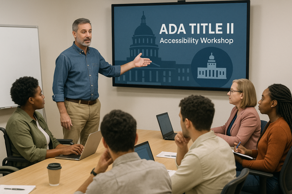 daworkshop In a conference room, a presenter stands by a screen reading ‘ADA Title II Accessibility Workshop’ while five diverse attendees—one in a wheelchair—take notes and use laptops.